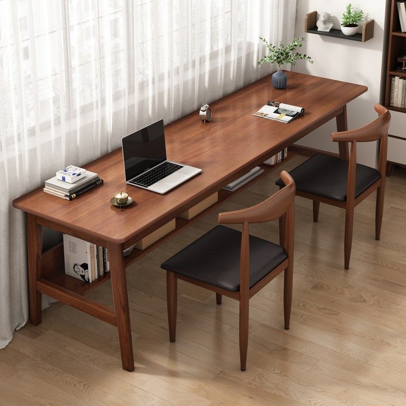 双人长书桌实木腿阳台靠墙窄长条桌工作台双层长方形2人学习桌子