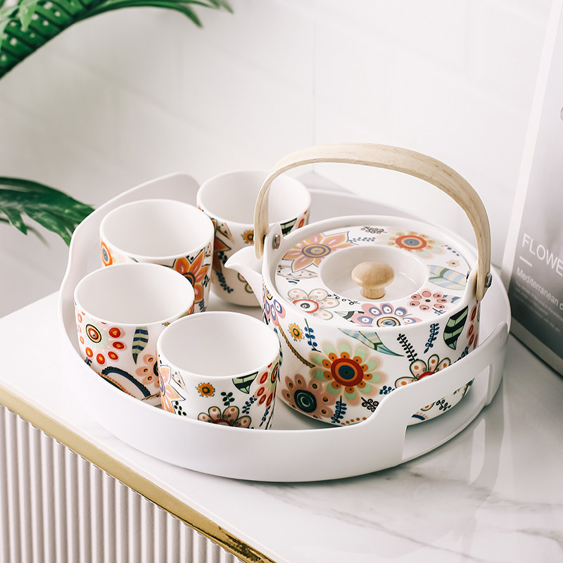 茶壶套装家用下午茶茶具客厅花茶组合乔迁陶瓷提梁泡茶壶水杯茶杯