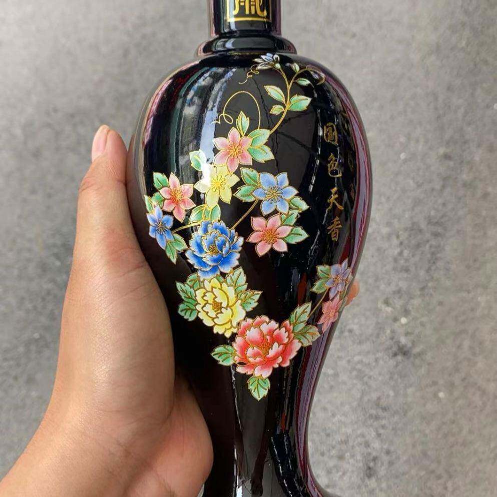 泰山墨玉牡丹花瓶摆件原石雕刻客厅插画创意办公室装饰客厅装饰