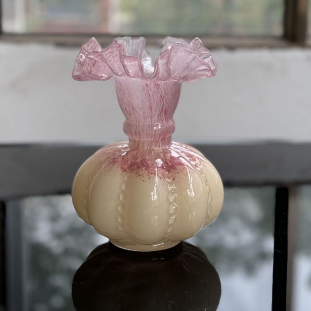 中古奶玉黄色芬顿风法式南瓜珠花瓶手工琉璃玻璃家插花器软装摆件