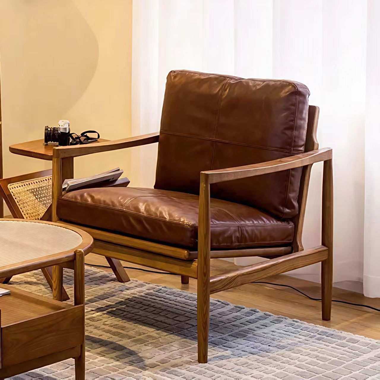 家用单人沙发椅客厅阳台懒人休闲椅中古复古风实木汉克沙发椅,3C数码配件,摄像机配件,淘宝优惠券,粉丝福利购,淘宝优惠卷