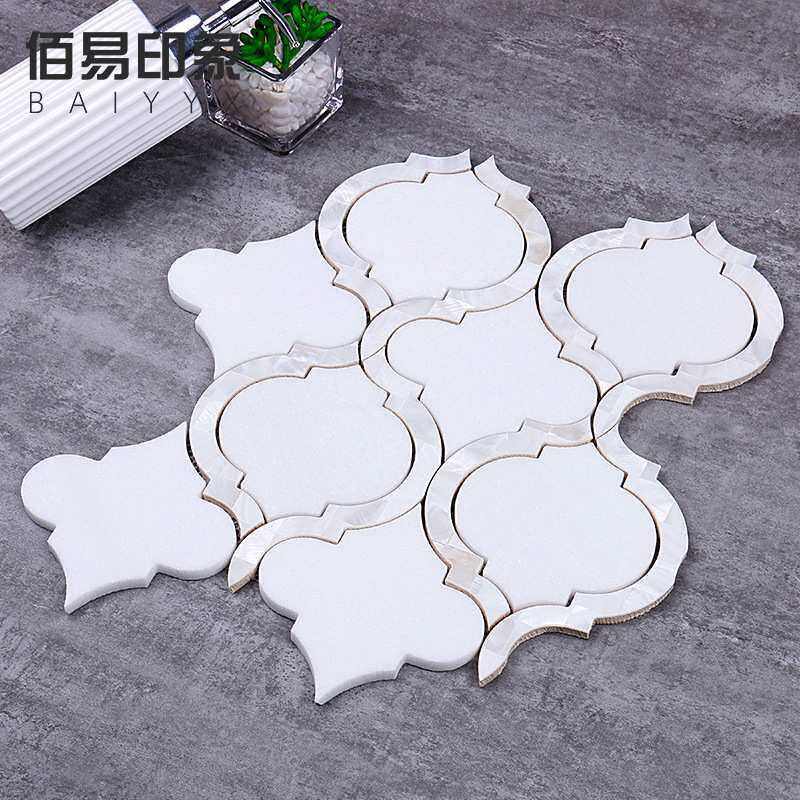 新款 水晶白贝壳灯笼大理石马赛克 水刀工艺 电视背景墙瓷砖 客厅