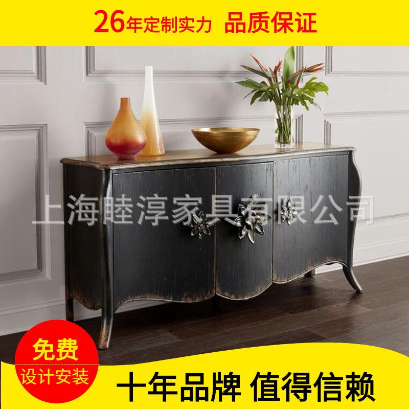 复古后现代玄关柜美式家用黑色仿古餐边柜橡木法式新古典高装饰柜
