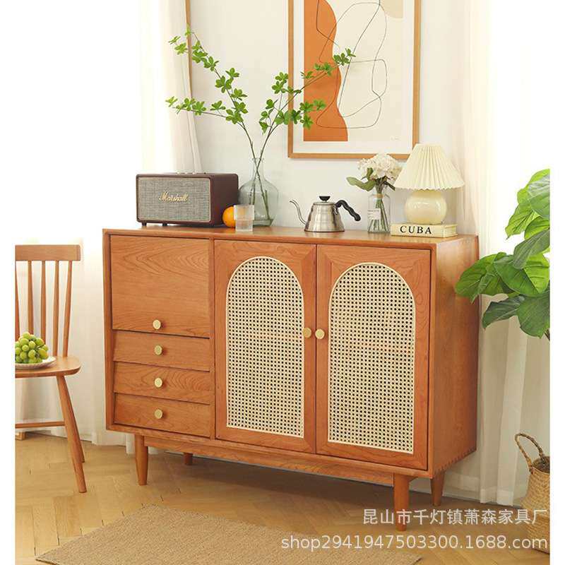 日式樱桃木餐边柜实木藤编柜家用客厅玄关柜收纳中古拱形门茶水柜