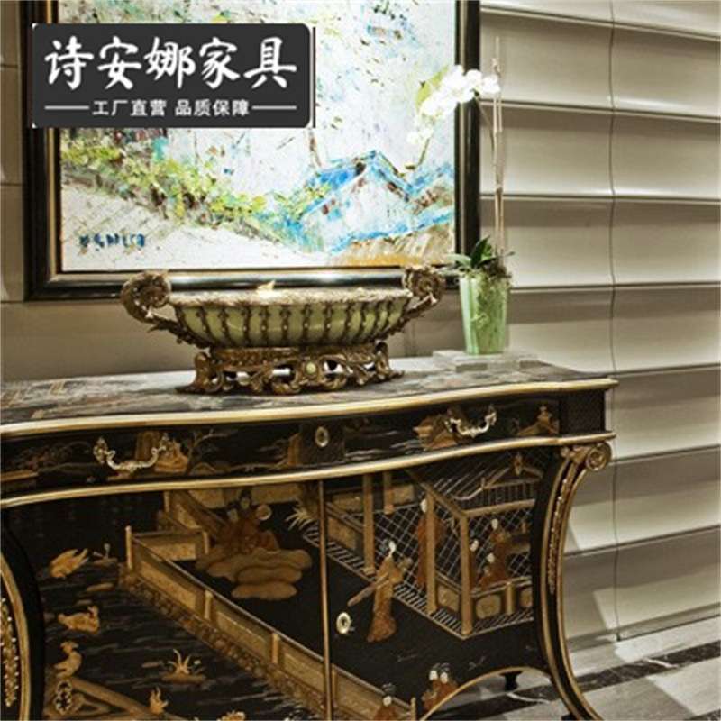 亚历山大新古典后现代厅柜客厅实木雕花厅柜 手工彩绘玄关桌柜子