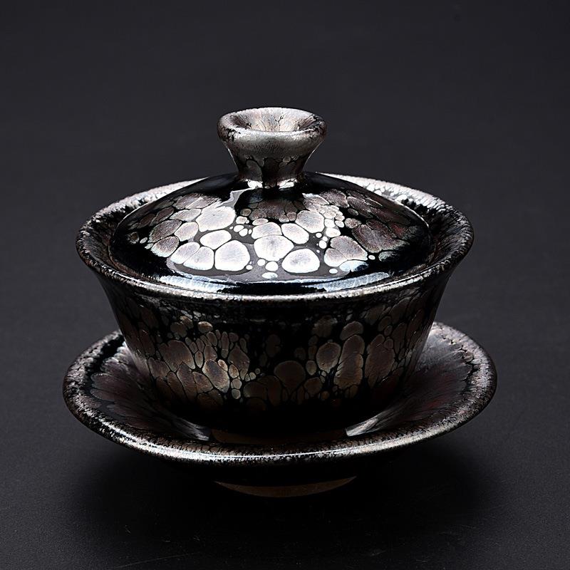手工建阳铁胎百花建盏油滴盖碗茶杯三才杯防烫大号泡茶敬茶碗单个