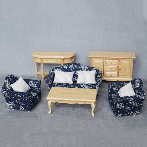 1:12娃娃屋dollhouse迷你家具客厅微场景实木模型沙发6件套装ob11