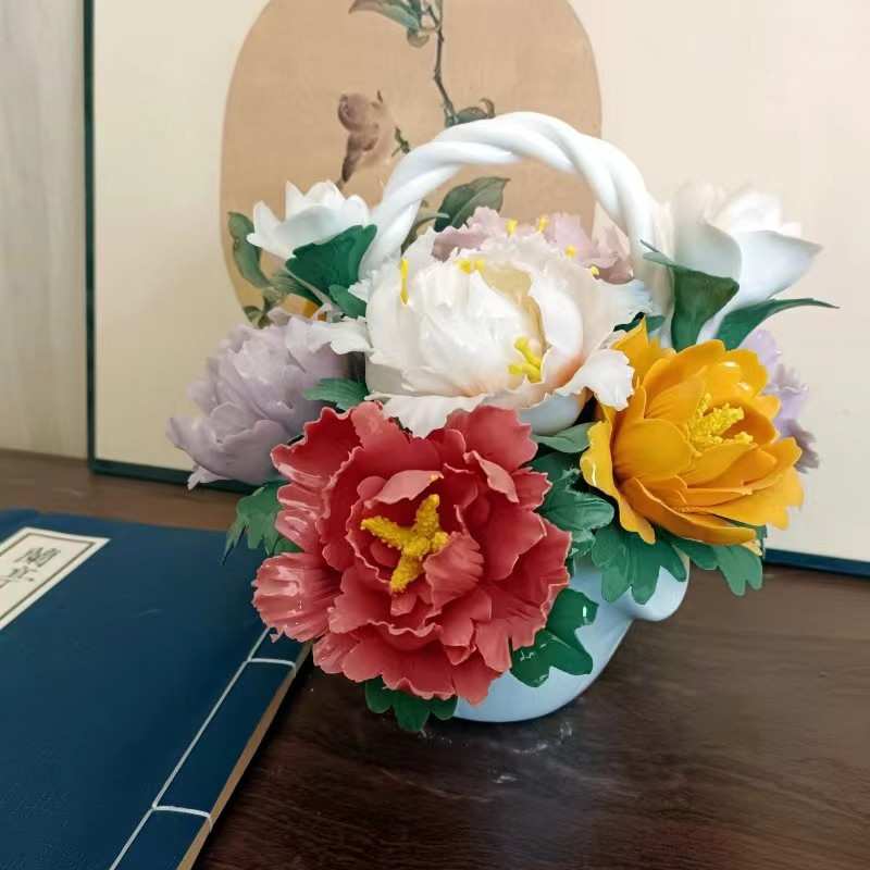 东方瓷土《花开富贵》陶瓷纯手工牡丹花篮装饰品摆件办公室客厅桌