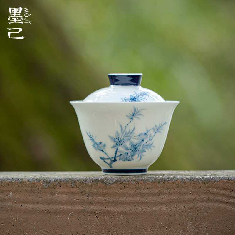 墨己 玉泥白瓷手绘青花盖碗 功夫茶具蓝彩长春花家用泡茶碗 文人,3C数码配件,摄像机配件,淘宝优惠券,粉丝福利购,淘宝优惠卷