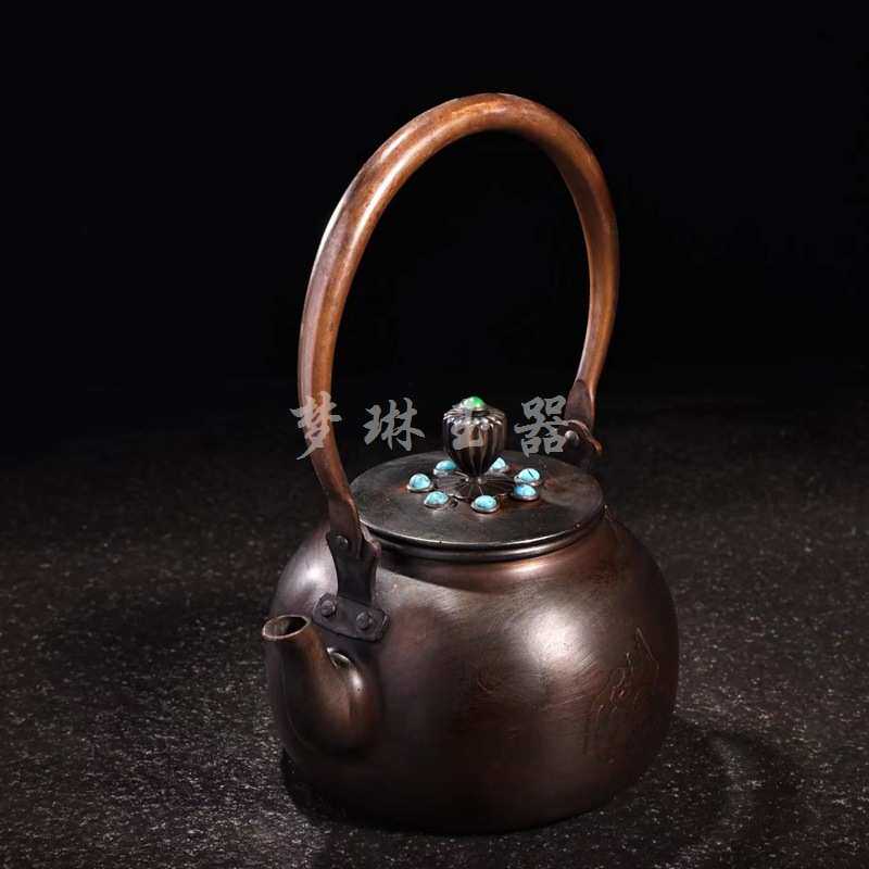 纯铜镶嵌宝石提梁壶围炉煮茶烧煮茶壶烧水壶炭炉铜平底壶家居用