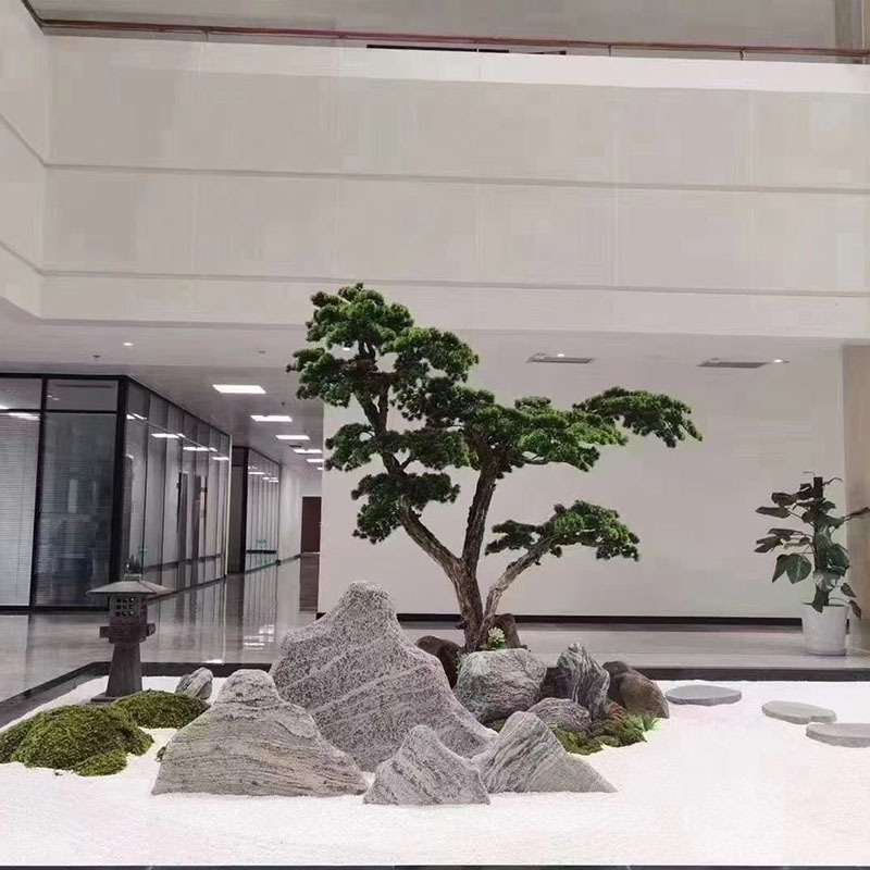 天然雪浪石迎客松美人松造景搭配室内松树枯山水景观风景石装饰