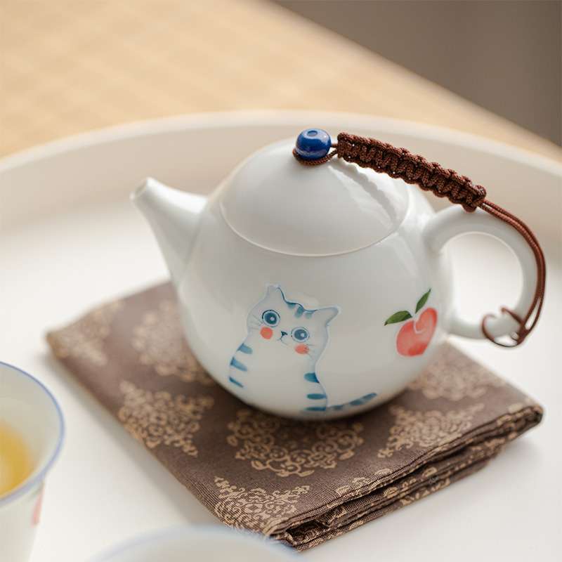 唐宋 万物可爱 手绘猫咪桃子茶壶 家用一人饮小容量圆壶 萌趣壶图片