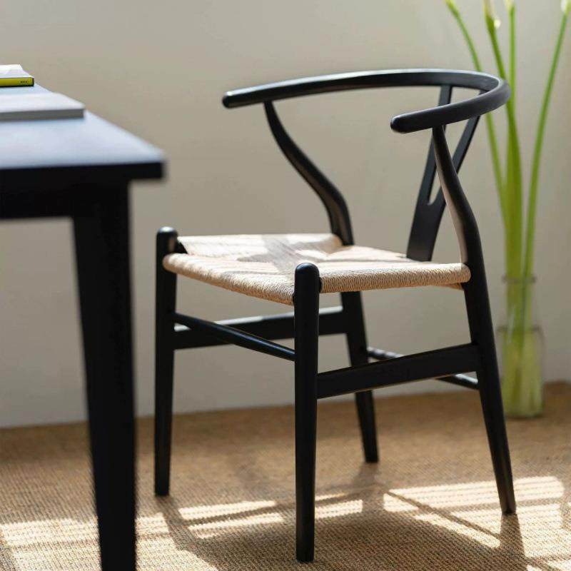 北欧休闲扶手靠背家用中绳藤编书房喝茶洽谈创意实木榉木Y椅餐椅