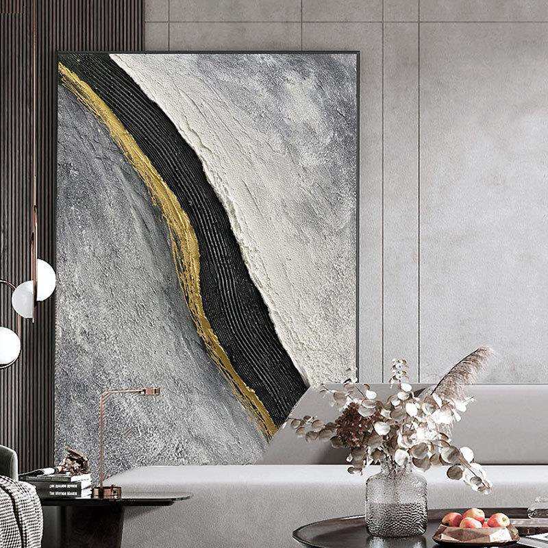 手绘油画川流不息轻奢黑白灰玄关客厅装饰画侘寂风沙发背景墙挂画