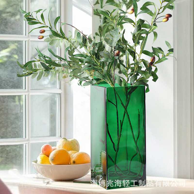 加厚绿色方形玻璃花瓶大号富贵竹水培插花方缸高级感婚礼客厅摆件