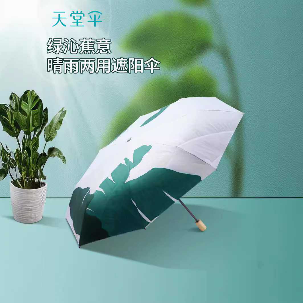 新款天堂31167E钛银防晒紫外线太阳伞木柄女士便携折叠晴雨伞两用