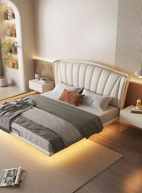 现代简约悬浮床主卧1.8米双人床轻奢大床感应灯条小户型1.5米皮床