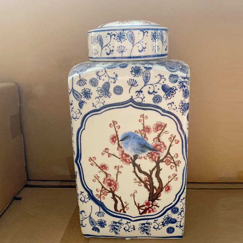 青花瓷红梅花花瓶摆件家居客厅插花电视柜装饰摆设储物罐
