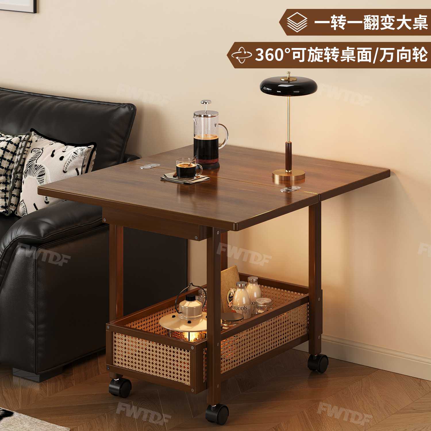 边几折叠茶几客厅沙发边柜家用小桌子中古风竹小户型推车竹藤