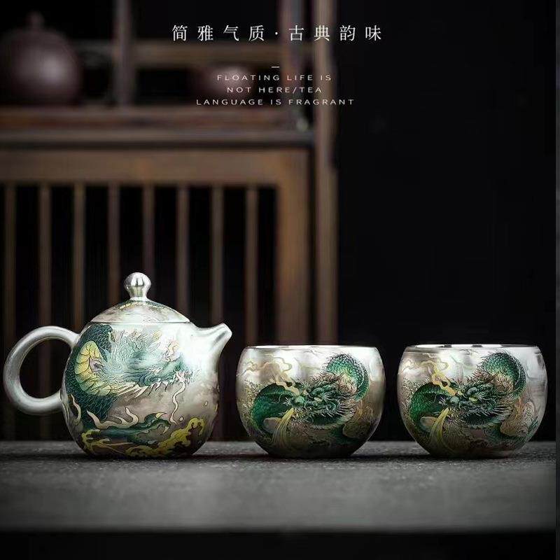 龙年新款纯手工银上作画一壶二杯送礼茶具套装瓷鎏银养生茶壶盖碗