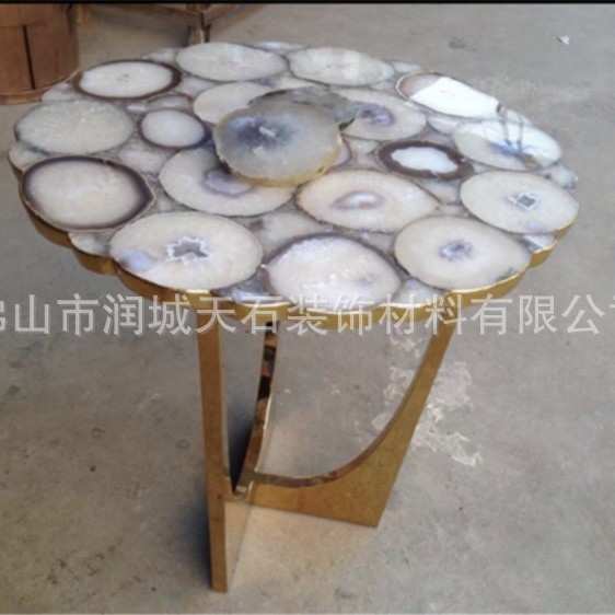 佛山厂家天然灰白色玛瑙透光板材玛瑙咖啡台面圆形角几