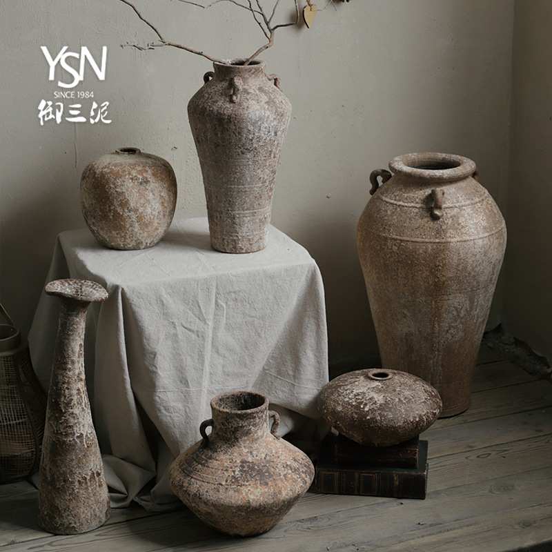 御三泥复古花瓶粗陶侘寂风民宿陶罐新中式陶瓷插干花花盆家居摆件