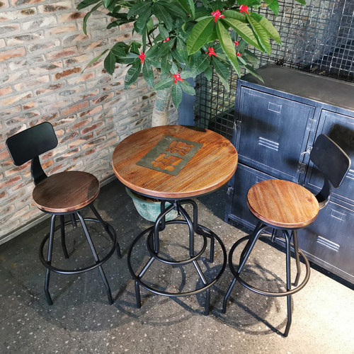 铁艺实木吧台桌家用简约圆桌休闲奶茶店咖啡厅复古高脚桌酒吧桌