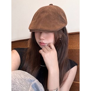 2025新款美式复古前进帽女春秋韩版反戴麂皮绒鸭舌贝雷帽画家帽男