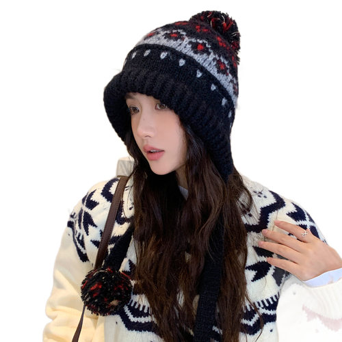 新款费尔岛风针织帽女秋冬保暖毛线帽防寒骑车护耳帽显脸小雷锋帽