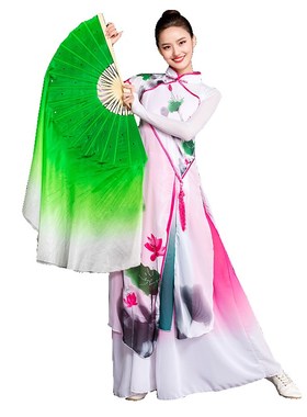 真丝舞蹈扇子加长绿色双面广场舞扇秧歌扇子标准跳舞扇子表演扇子