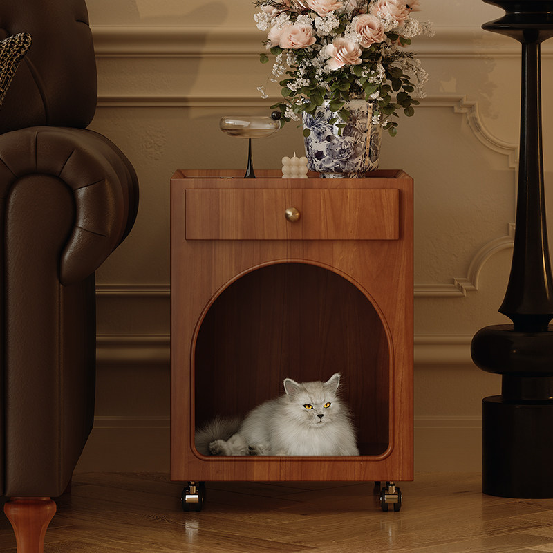 复古实木沙发边几客厅中古风边柜美式法式可移动茶几小推车床头柜