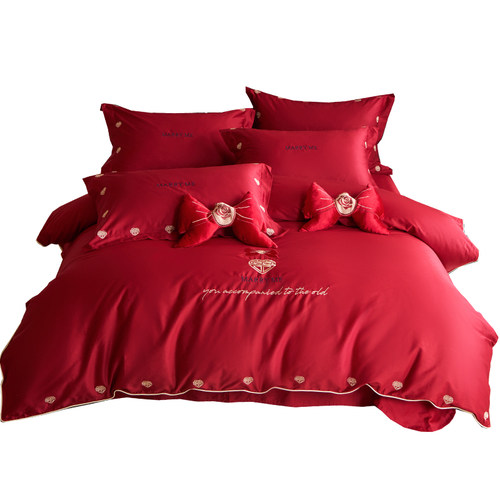 新中式婚庆四件组纯棉100s长绒棉蝴蝶结刺绣红色结婚被套牀单