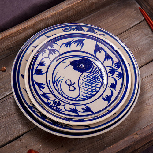 手绘青花陶瓷浅盘子圆形汤盘菜盘鱼盘大盘鸡盘子饭店餐具商用凉菜