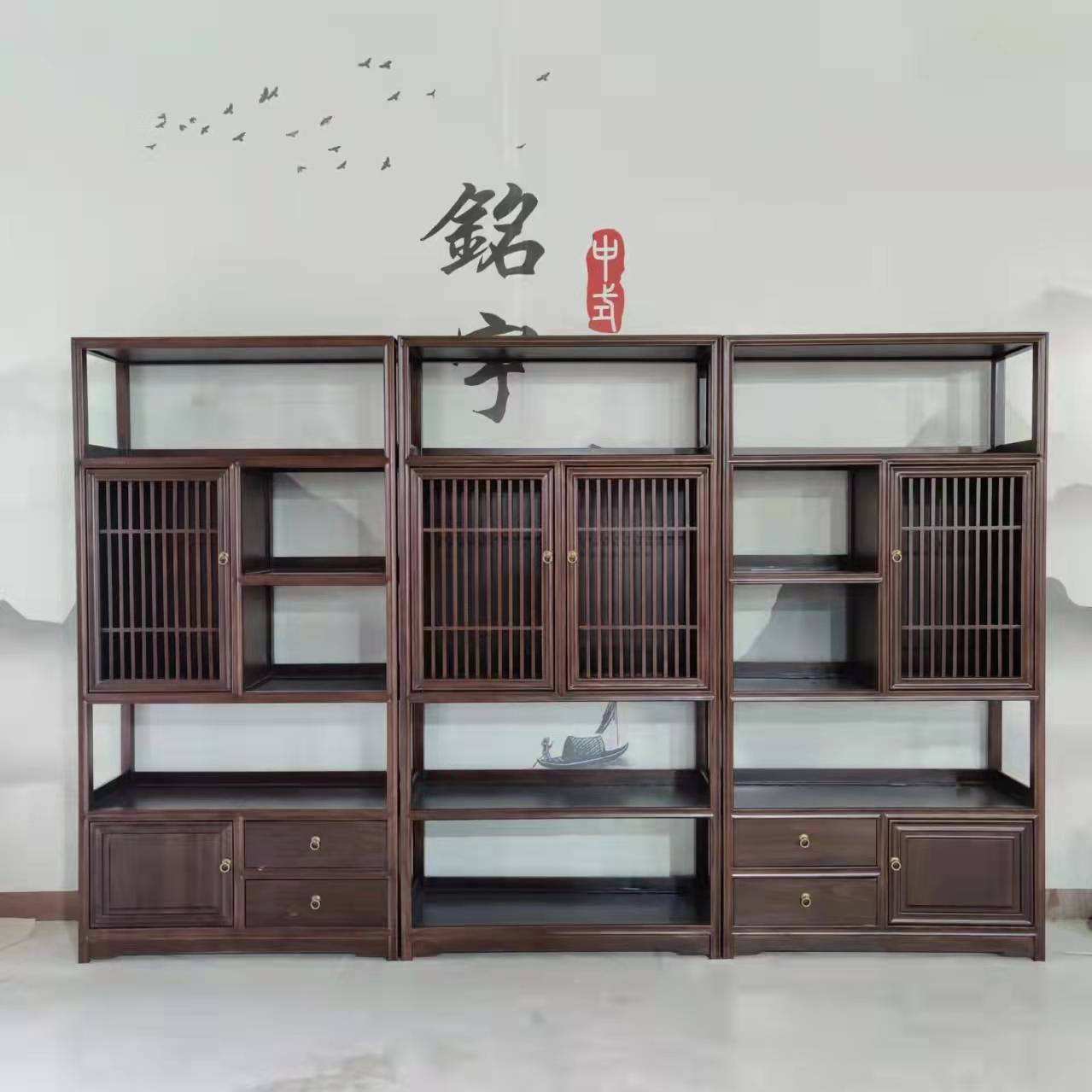新中式玄关桌实木简约茶桌实木中式博古架双面鞋柜隔断百叶门