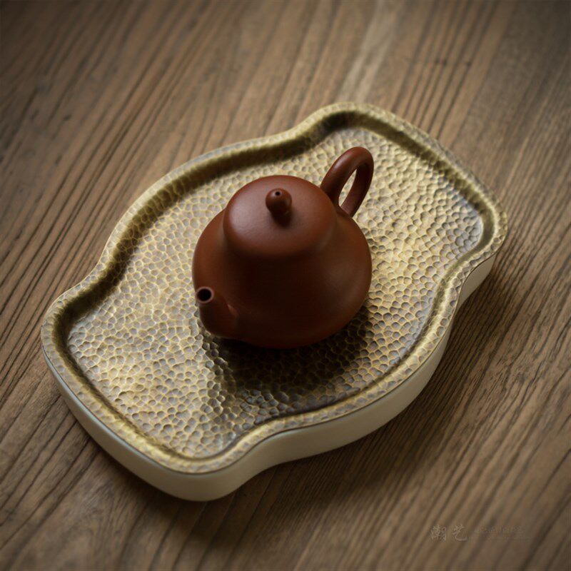 手工青铜锤目纹壶承 茶壶托壶垫储水干泡台海棠茶托 陶瓷茶盘茶具