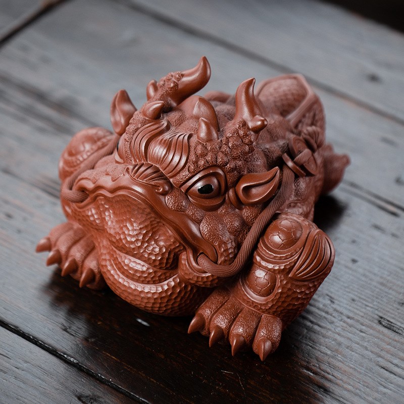 皓蟾牛蟾高端宜兴紫砂茶宠金蟾摆件大红袍招财三足蟾蜍茶玩具可养