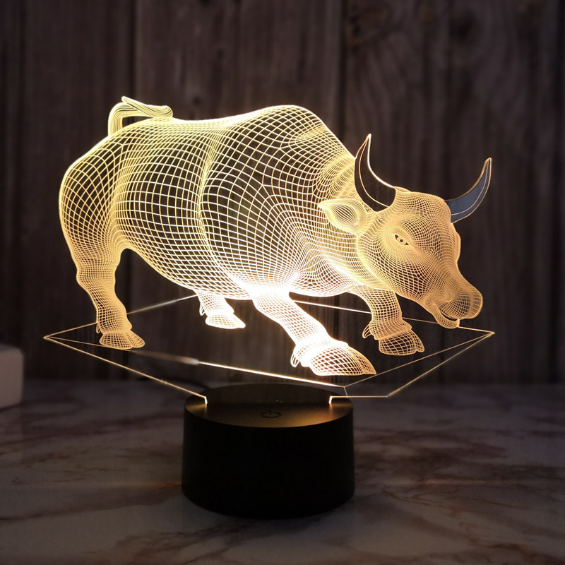 小意老牛3d创夜灯插电触控变色装饰桌面氛围台灯卧室起夜睡眠床头