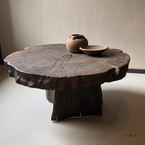 侘寂风原木小圆茶几民宿中古风实木茶桌复古做旧茶台原木色茶几