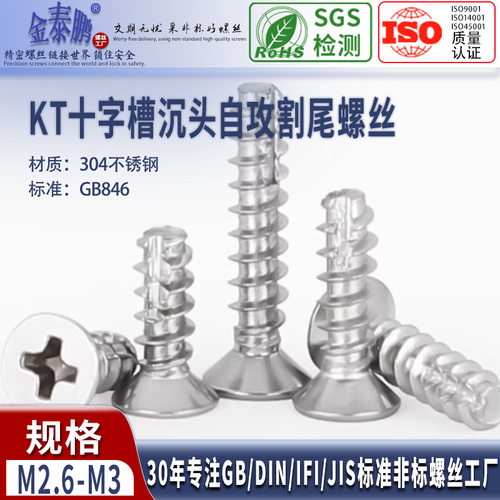 KT 304不锈钢沉头平头十字平尾割尾自攻螺丝钉M2M2.3M2.6M3M3.5M4