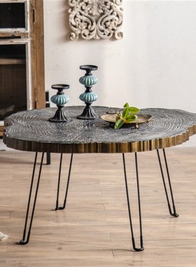 侘寂风客厅沙发实木茶几民宿复古做旧网红小圆桌小户型家居边角几