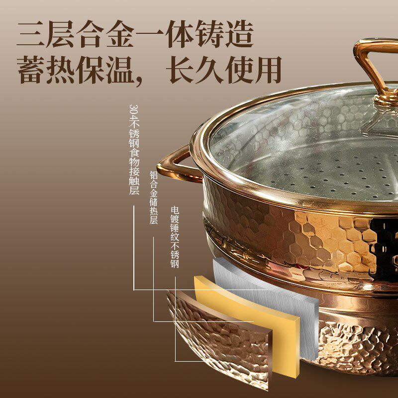 火锅汤锅304不锈钢玫瑰金商用汤锅电磁炉复古欧式锤纹汤锅自助餐