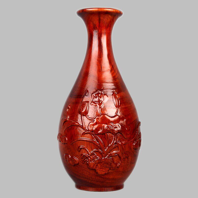 东阳木雕装饰圆形花瓶客厅家居中式花瓶雕刻荷花工艺品实木瓶摆件