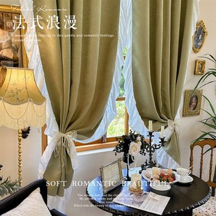法式复古绿浪漫蕾丝花边遮光飘窗窗帘阳台隔断小窗装饰半帘门布帘