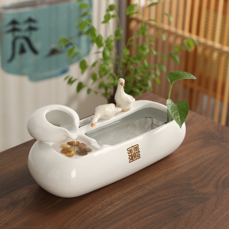 陶瓷微景观 自动循环流水器桌面家居装饰招财鱼缸喂猫宠物饮摆件