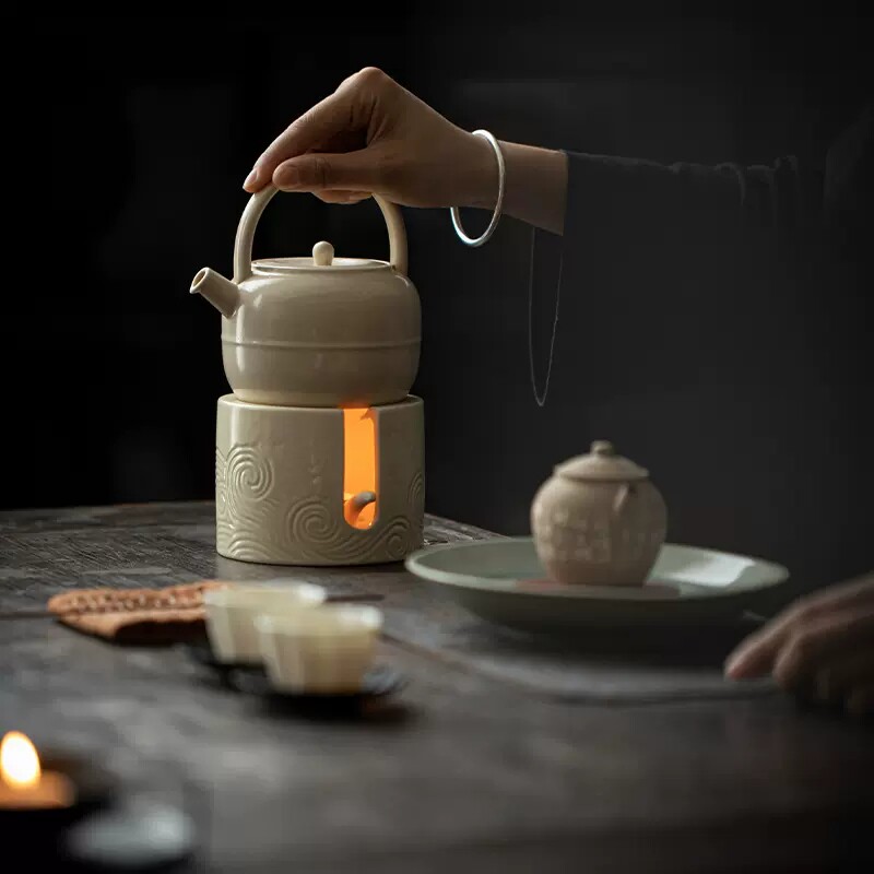 祥云纹温泡茶炉陶瓷提梁壶温茶器套装蜡烛底座保温暖茶酒精炉泡茶