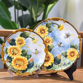 向日葵陶瓷摆盘太阳花挂盘花园庭院客厅电视柜玄关装 饰品方亚陶瓷