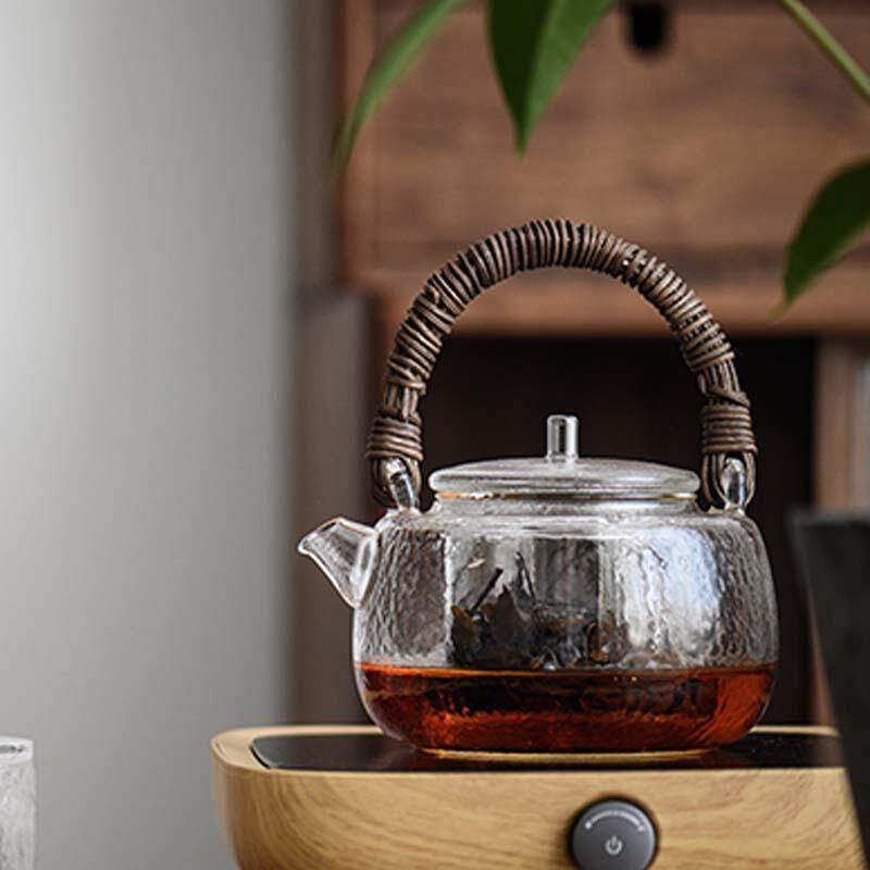 天然藤编玻璃提梁壶复古手工锤纹煮茶壶电陶炉烧水壶煮茶器