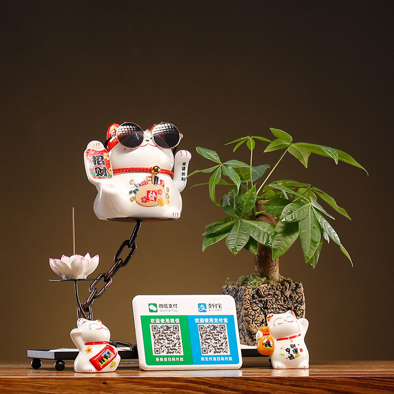 创意店铺开业礼品陶瓷摇手招财猫自动招手语音播报收银台二维码