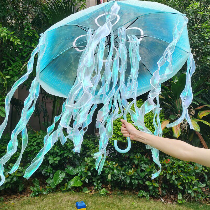 仙气透明蓝色幻彩水母雨伞晴雨两用伞防水道具流苏伞舞蹈伞拍照伞