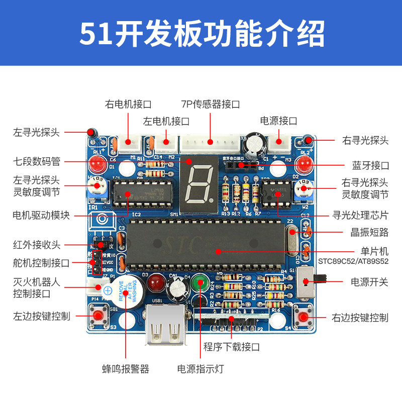 C51单片灭循迹寻迹机障 寻光 避器人机火遥控 超声波避障智能小车